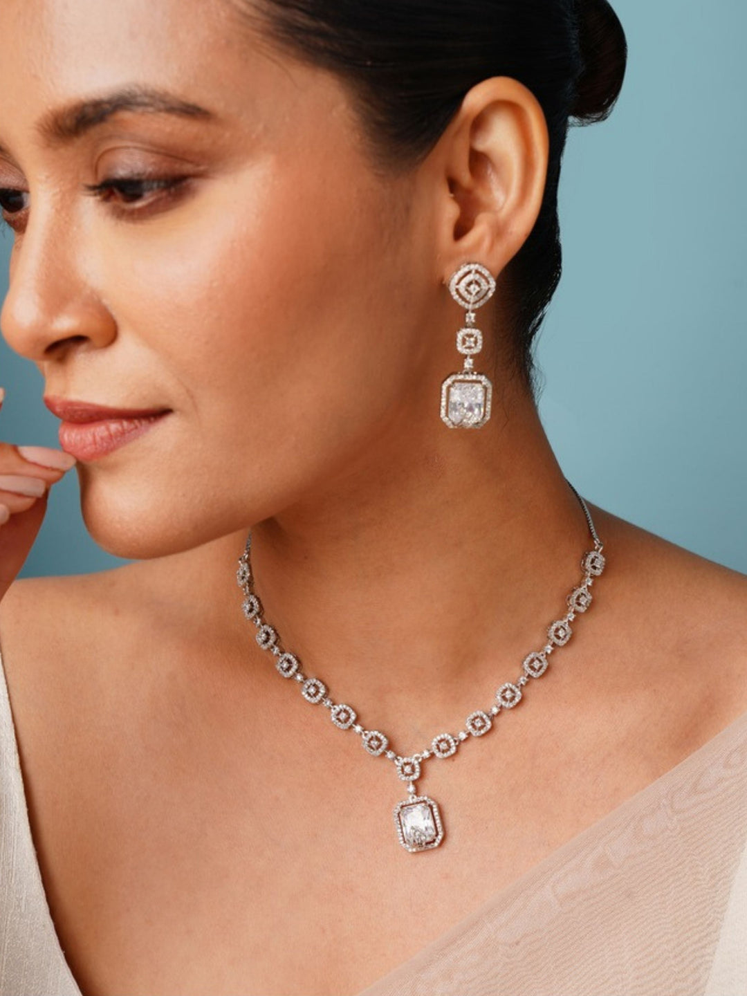 Elegant Square Cut American Diamond Necklace Set | SHOBITAM