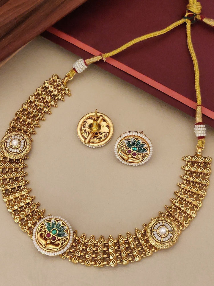 Antique Gold Plated Traditional Bridal Meena work Choker Set | SHOBITAM