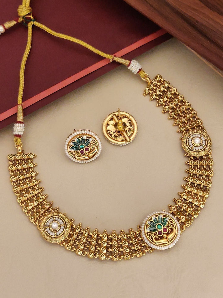 Antique Gold Plated Traditional Bridal Meena work Choker Set | SHOBITAM
