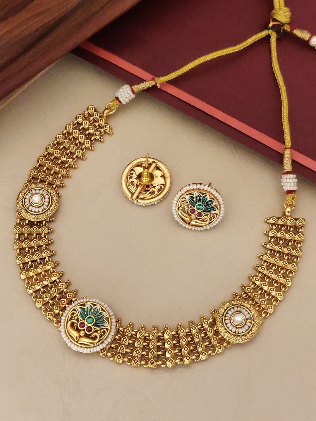 Antique Gold Plated Traditional Bridal Meena work Choker Set | SHOBITAM