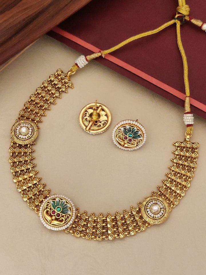 Antique Gold Plated Traditional Bridal Meena work Choker Set | SHOBITAM