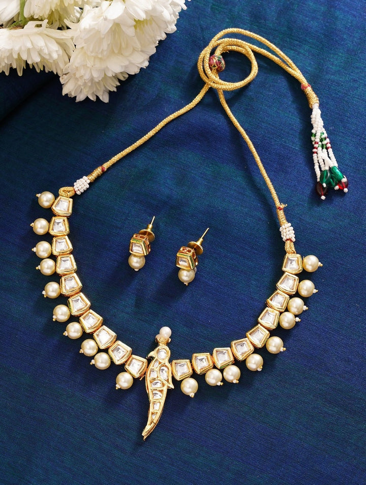 Parrot Bird Kundan Gold Tone Pearl Drop Necklace Set | SHOBITAM