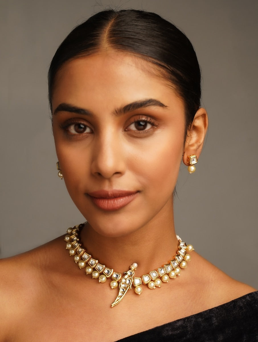 Parrot Bird Kundan Gold Tone Pearl Drop Necklace Set | SHOBITAM