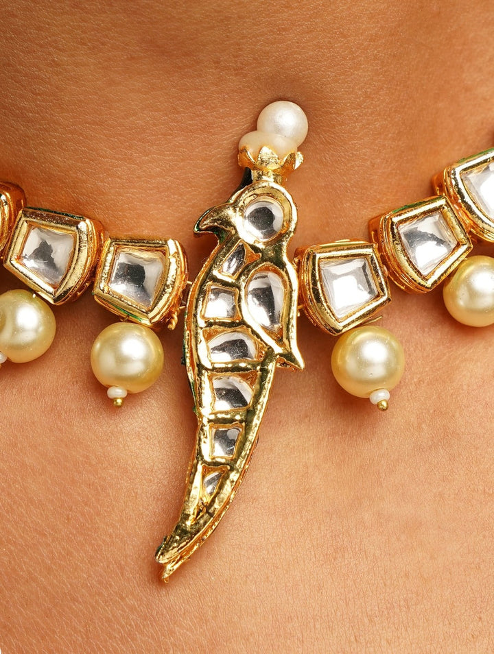Parrot Bird Kundan Gold Tone Pearl Drop Necklace Set | SHOBITAM