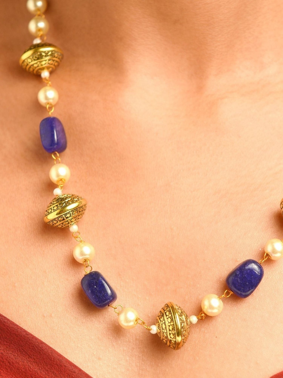Gold Plated Jaipuri Royal Blue Multibeads Pearl Mala Set  | SHOBITAM
