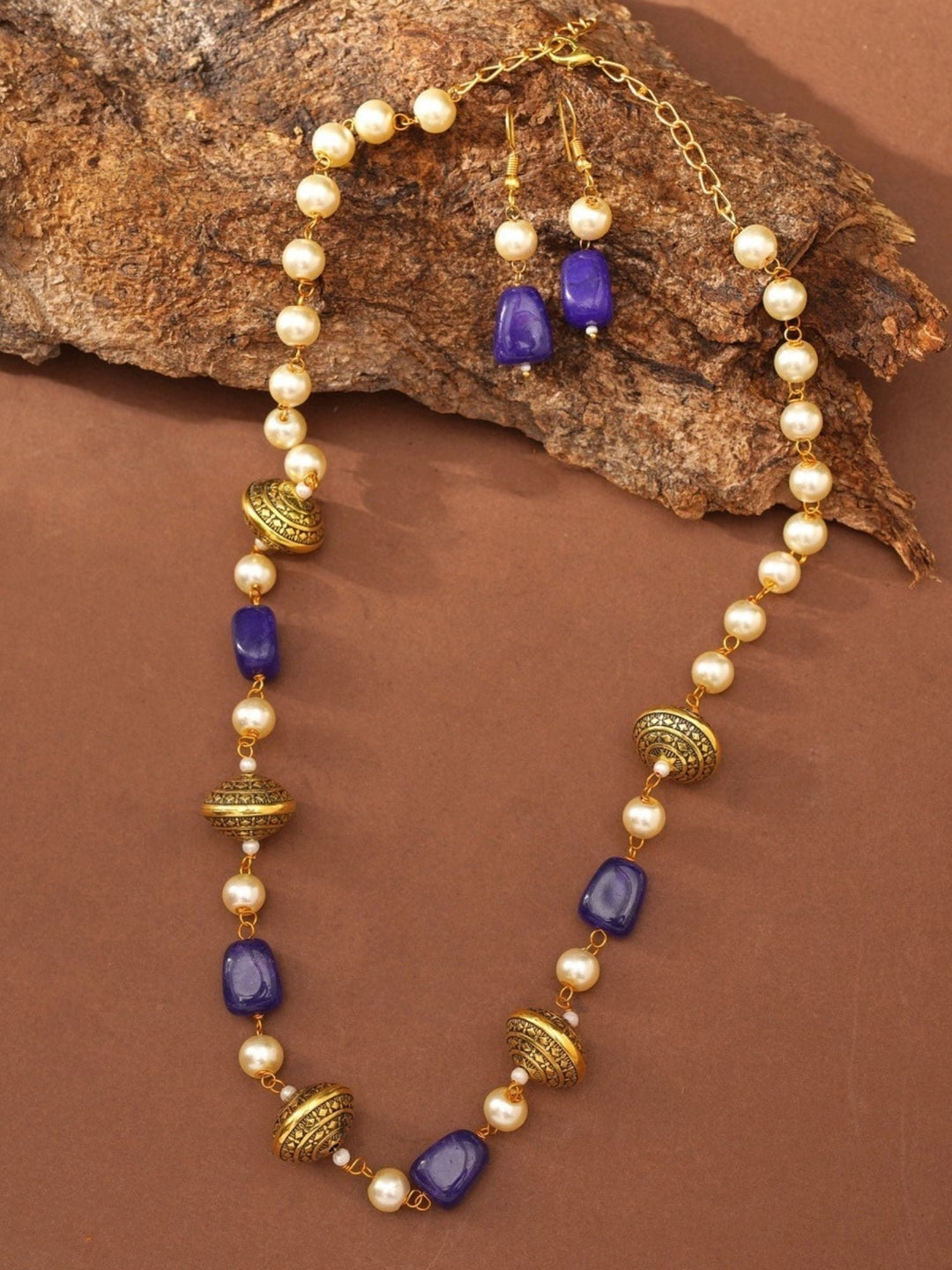 Gold Plated Jaipuri Royal Blue Multibeads Pearl Mala Set  | SHOBITAM