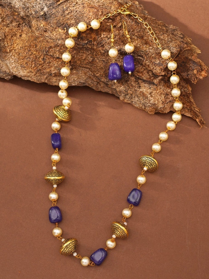 Gold Plated Jaipuri Royal Blue Multibeads Pearl Mala Set  | SHOBITAM