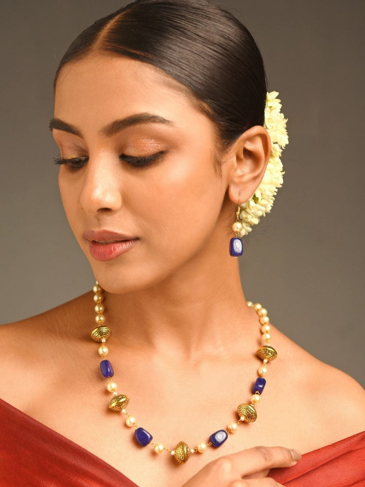 Gold Plated Jaipuri Royal Blue Multibeads Pearl Mala Set  | SHOBITAM