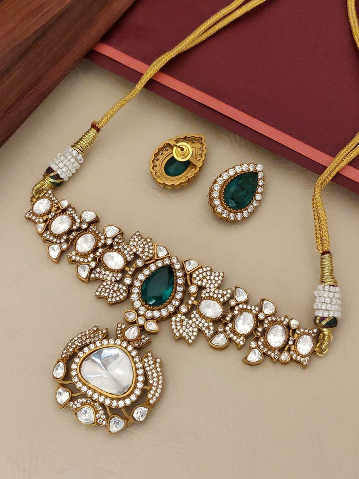 Green Emerald Stone Ethnic Elegant Festive Polki Choker Set | SHOBITAM