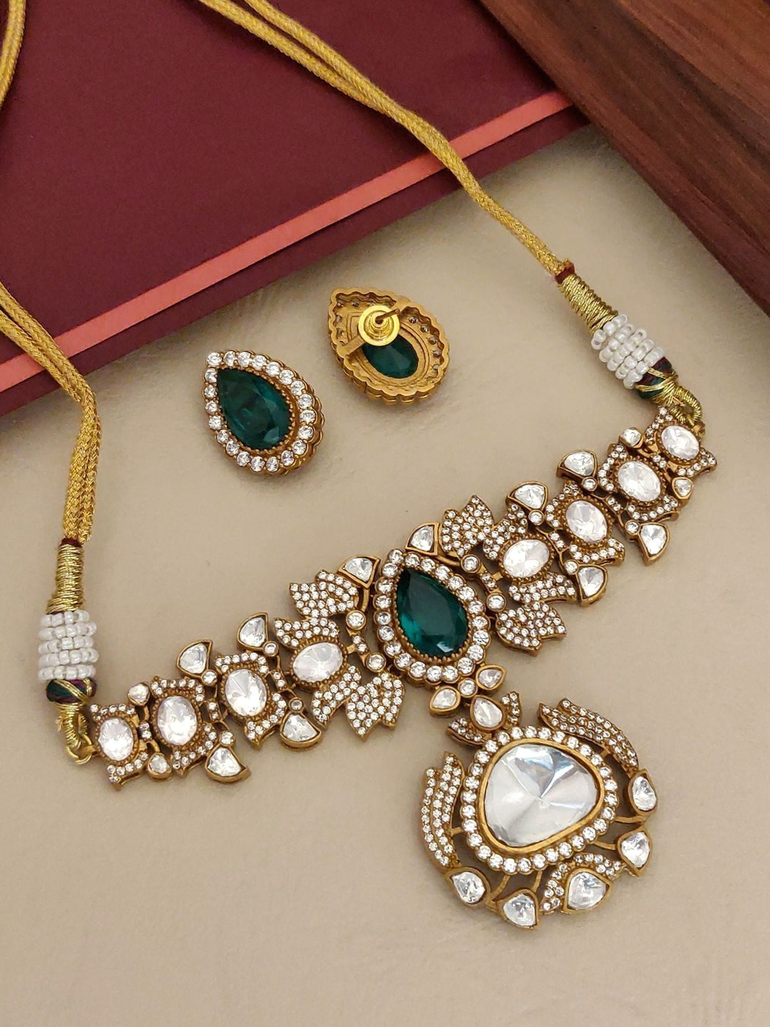 Green Emerald Stone Ethnic Elegant Festive Polki Choker Set | SHOBITAM