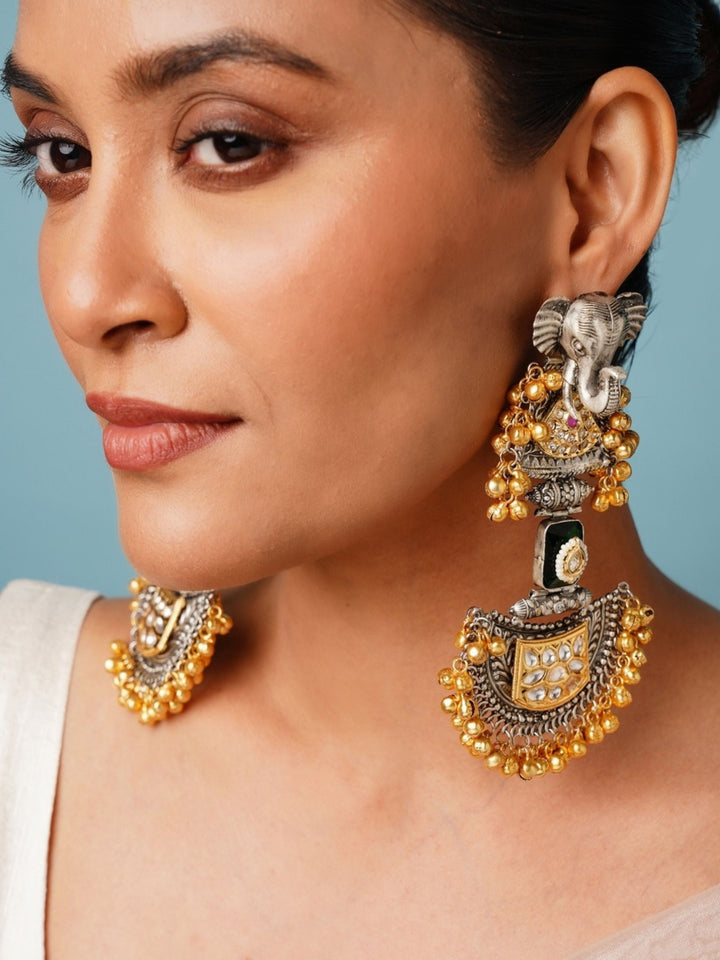 Statement Long Dual Tone Elephant Chandbali Earrings | SHOBITAM