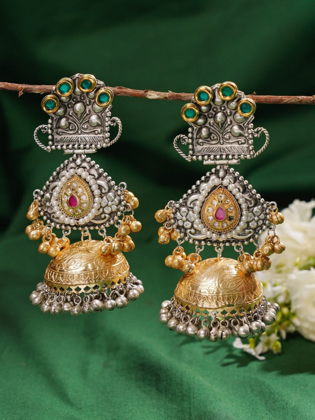 Long Dual Tone Plated Celebrity Style Jhumka Earrings | SHOBITAM