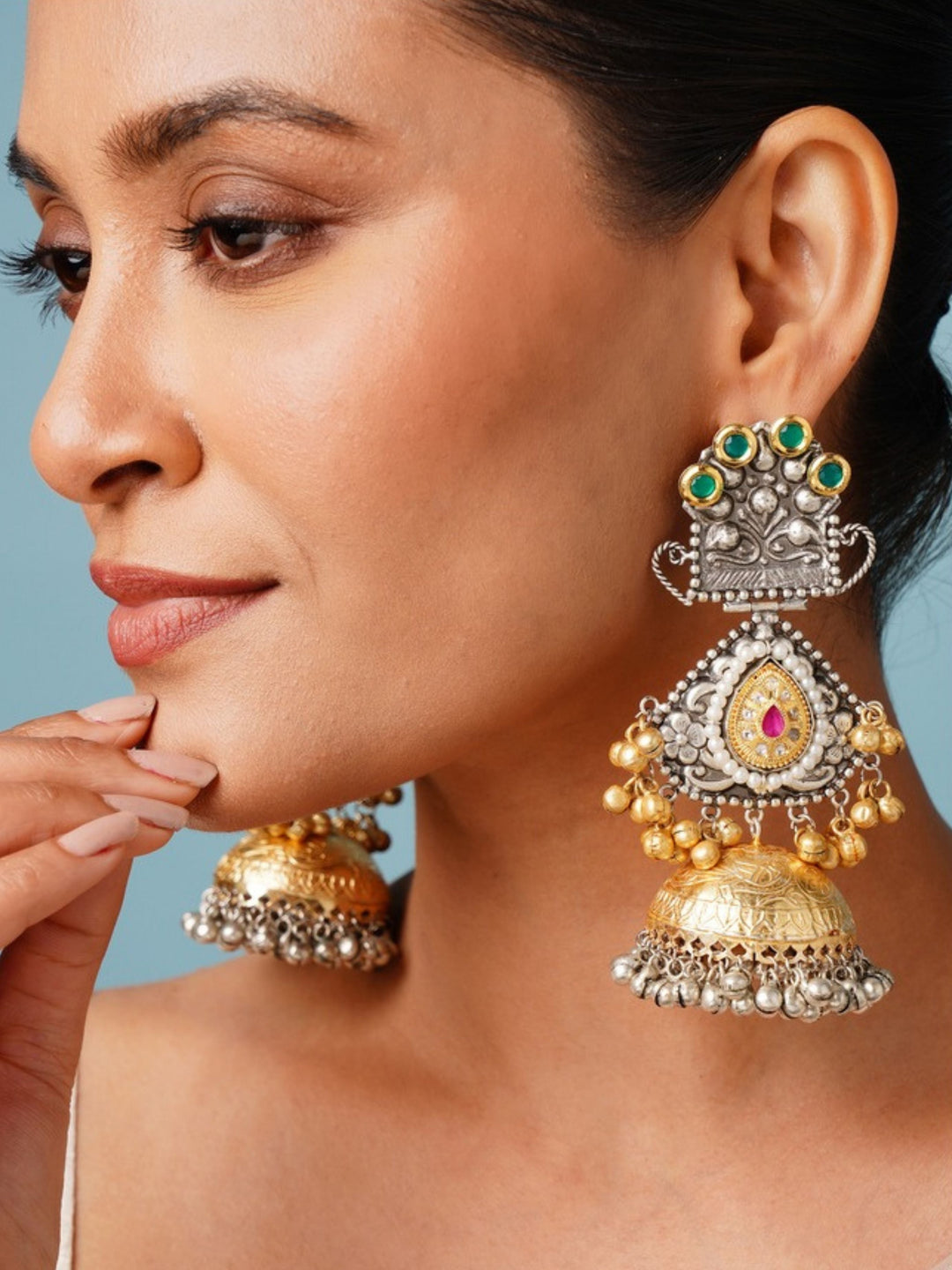Long Dual Tone Plated Celebrity Style Jhumka Earrings | SHOBITAM
