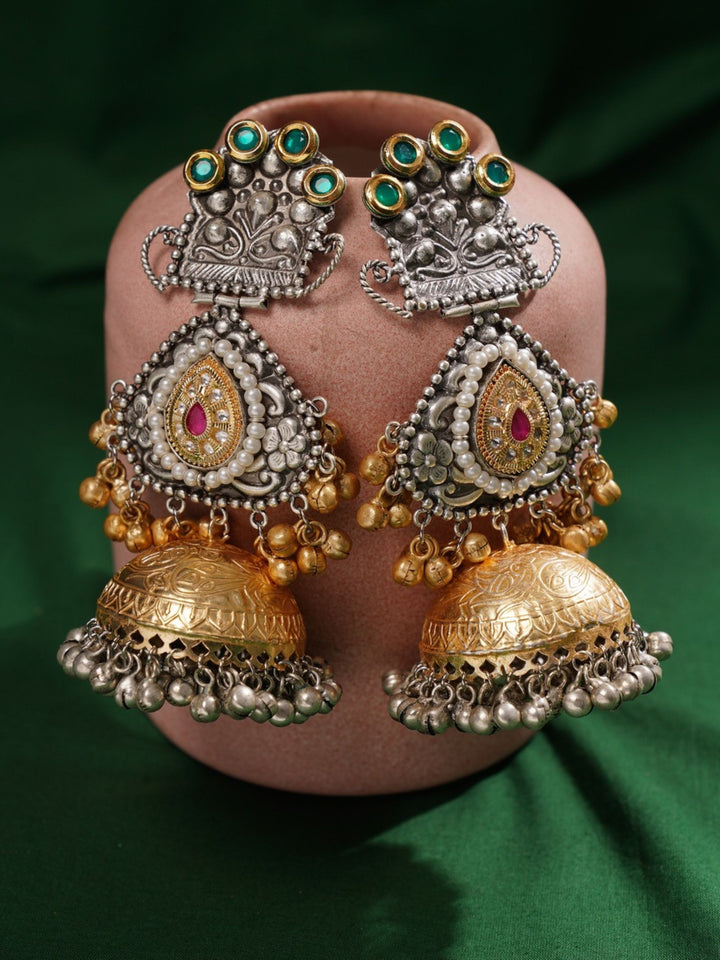 Long Dual Tone Plated Celebrity Style Jhumka Earrings | SHOBITAM