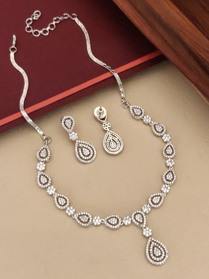 Classic Silver Plated American Diamond Necklace Set | SHOBITAM