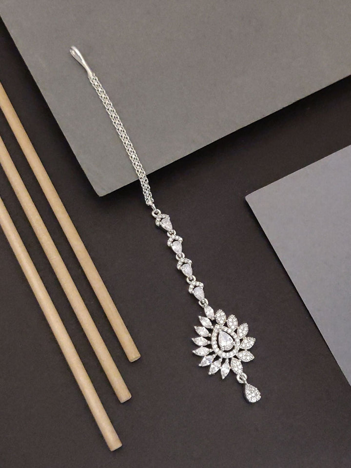Silver Plated American Diamond Drop MaangTikka | SHOBITAM