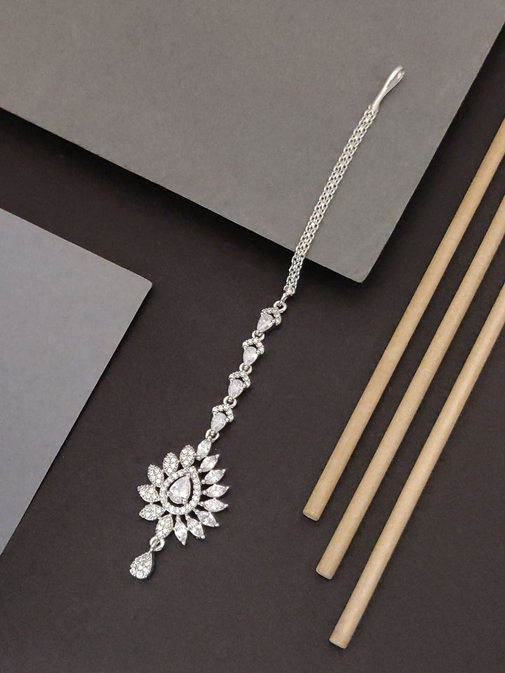 Silver Plated American Diamond Drop MaangTikka | SHOBITAM
