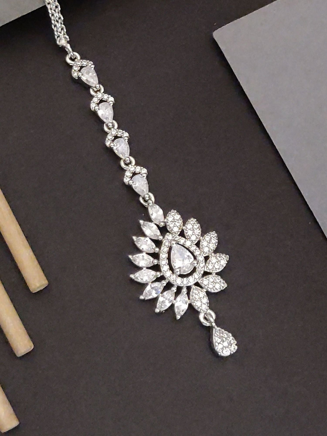 Silver Plated American Diamond Drop MaangTikka | SHOBITAM