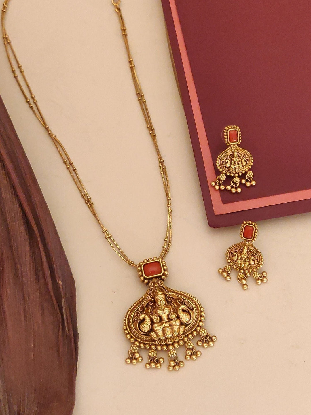 Traditional coral Gold pendant temple necklace chain set | SHOBITAM