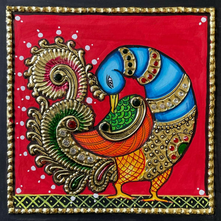 6*6 TANJORE PAINTING PEACOCK Authentic With 22 Ct Gold Foil and Jaipur Gemstones,Unframed | SHOBITAM