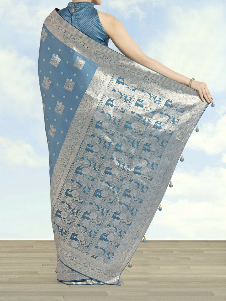 Cyan blue Pink Color Banarasi Satin Silk Zari Weaving Saree |SHOBITAM
