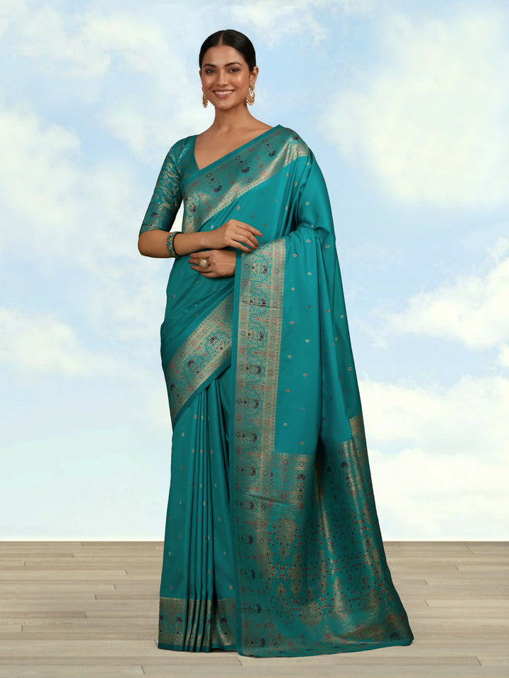 Cyan Banarasi Silk Blend Saree | SHOBITAM