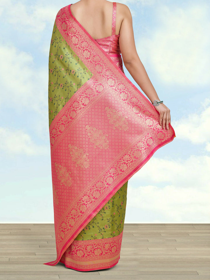Parrot Green Banarasi Tissue Silk Saree With Zari Woven Work | SHOBITAM