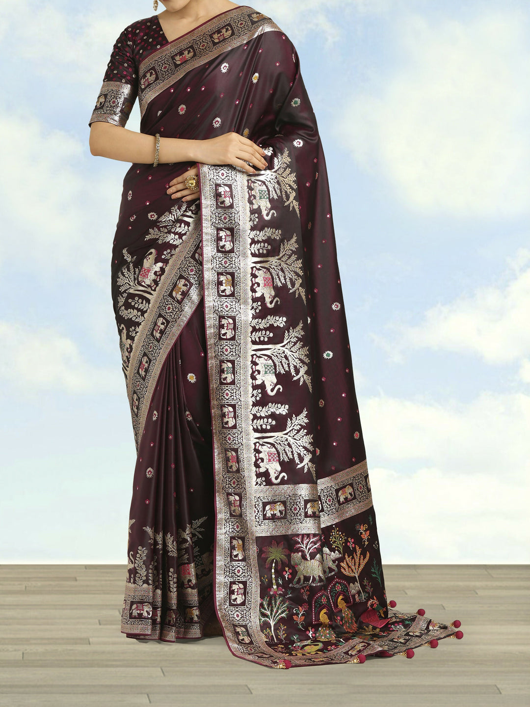 Wine Woven Banarasi Satin Silk Saree | SHOBITAM