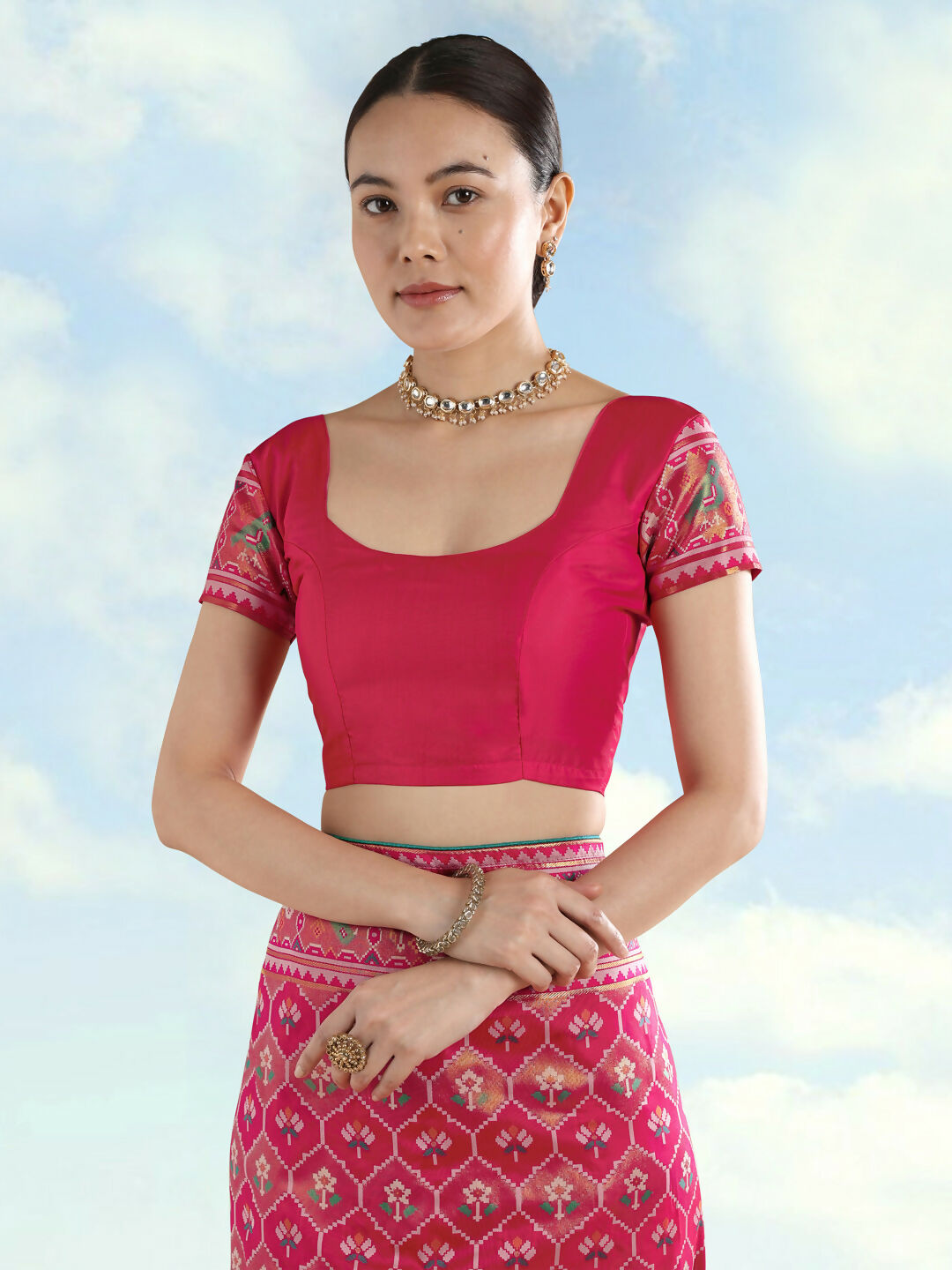Rani Pink Semi Banarasi Satin Silk Saree With Patola Work | SHOBITAM