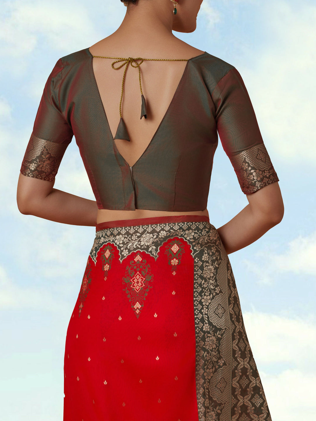 Red Semi Banarasi Silk Blend Saree with Zari Woven Work | SHOBITAM