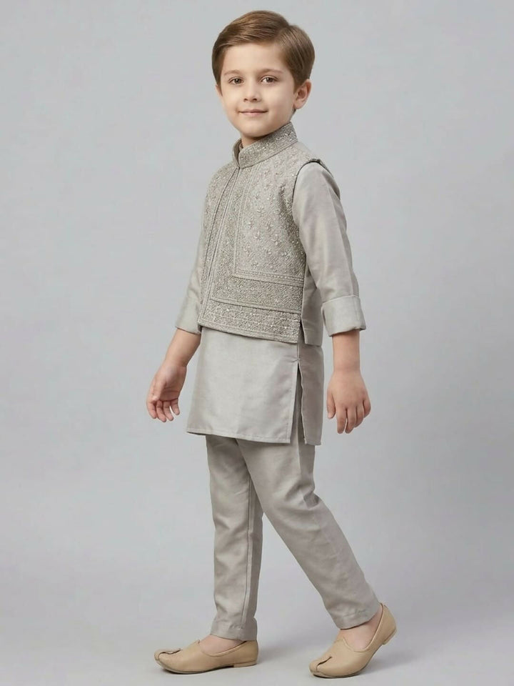 Boys Grey Kurta Pajama Set with Printed Nehru Jacket | SHOBITAM