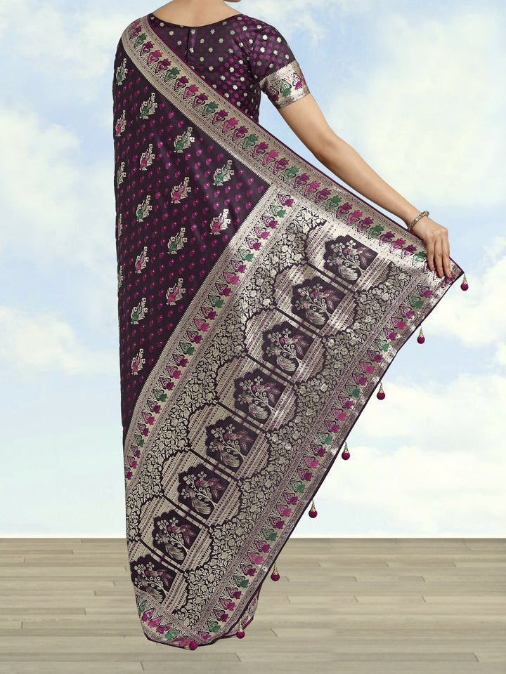 Wine With Gold Bordar Banarasi Satin Zari Woven Saree | SHOBITAM