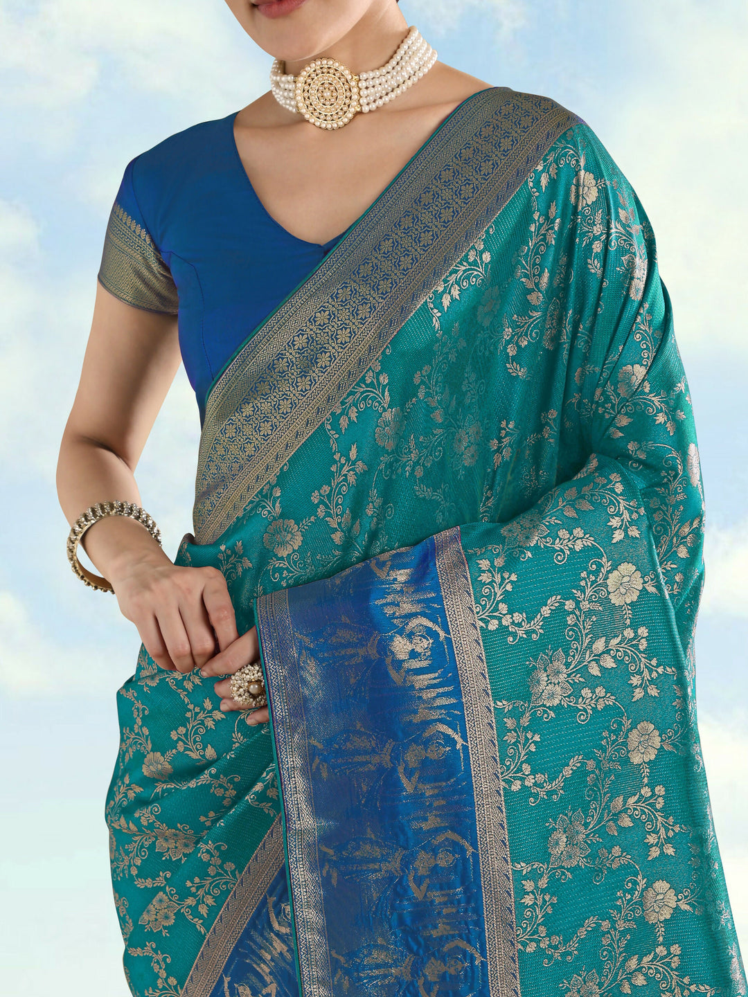 Turquoise Banarasi Semi Silk Saree With Zari Woven Design  | SHOBITAM