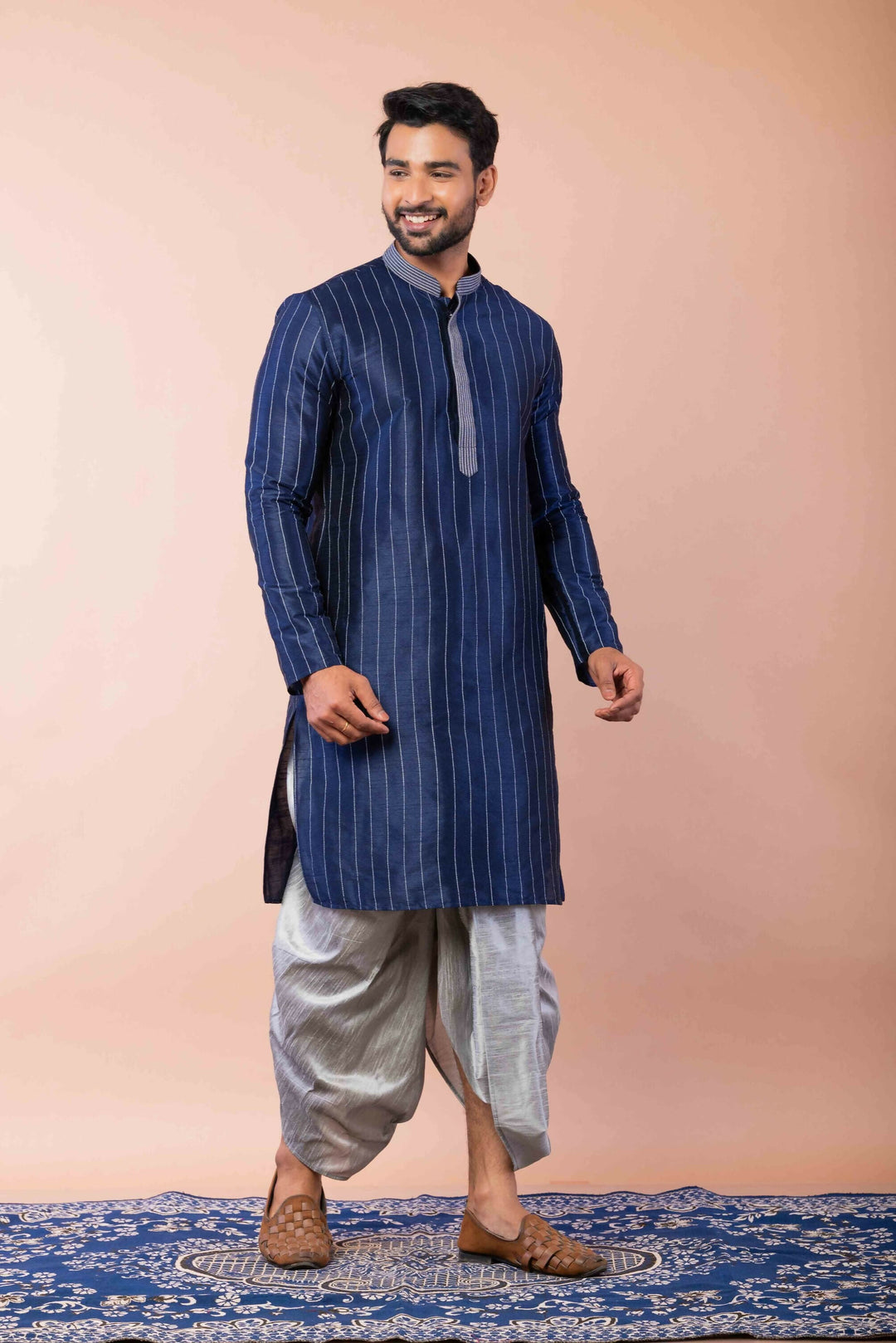 Prakatha Blue Silk Blend Kurta Dhoti Set For Men With Embroidered Work | SHOBITAM