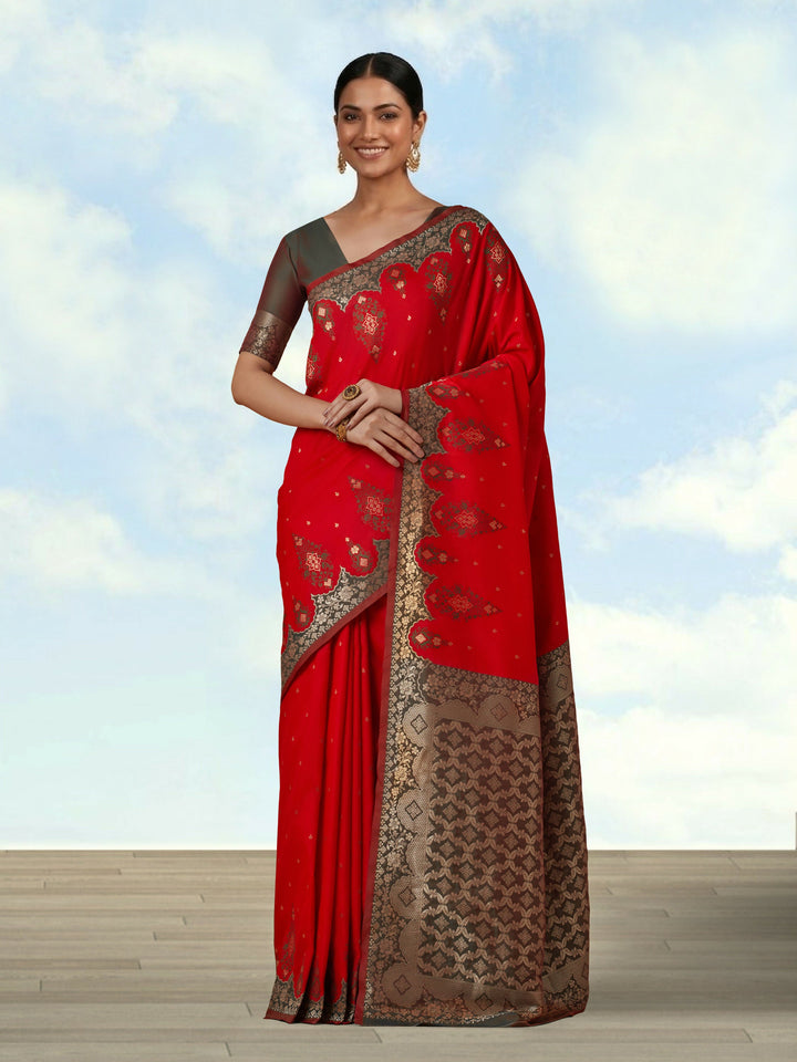 Red Semi Banarasi Silk Blend Saree with Zari Woven Work | SHOBITAM