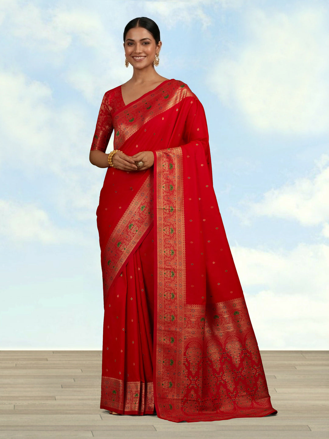 Red Banarasi Silk Blend Saree Comes with Unstitched blouse piece |SHOBITAM