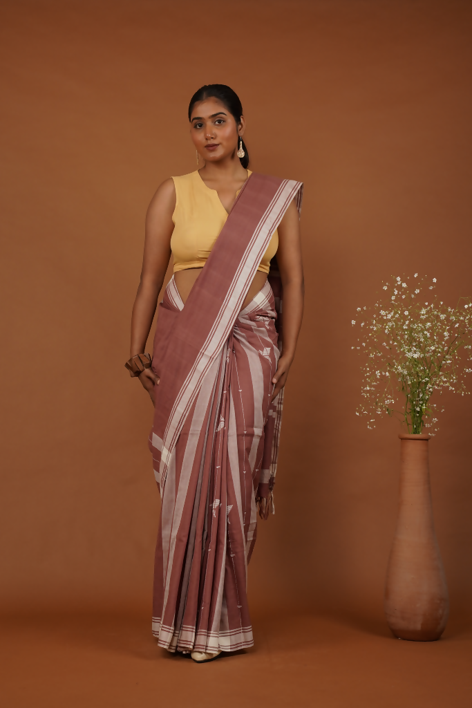 Flying Bird Handwoven Bawan Buti Terrocota Rose Cotton Saree | SHOBITAM