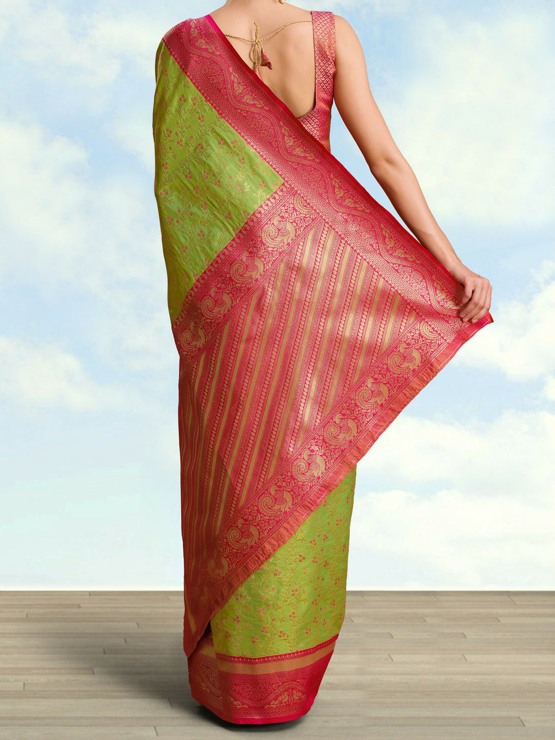 Parrot Green Color Zari Woven Faux Banarasi Tissue Silk Saree | SHOBITAM