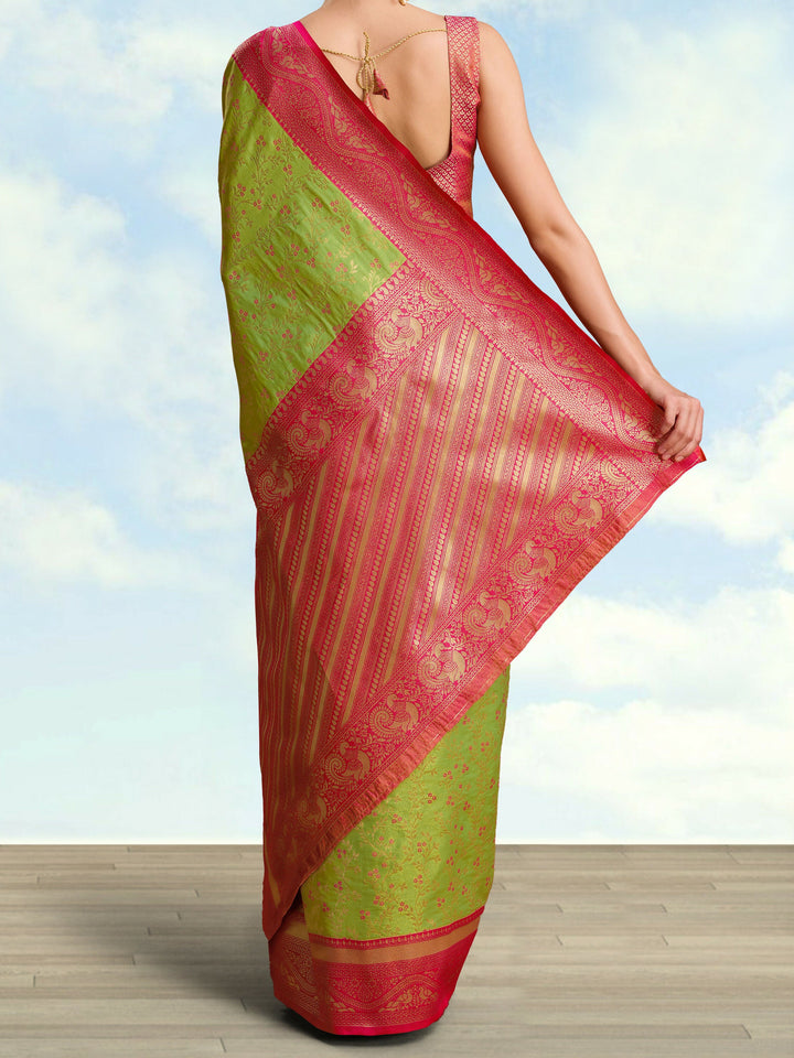 Parrot Green Color Zari Woven Faux Banarasi Tissue Silk Saree | SHOBITAM