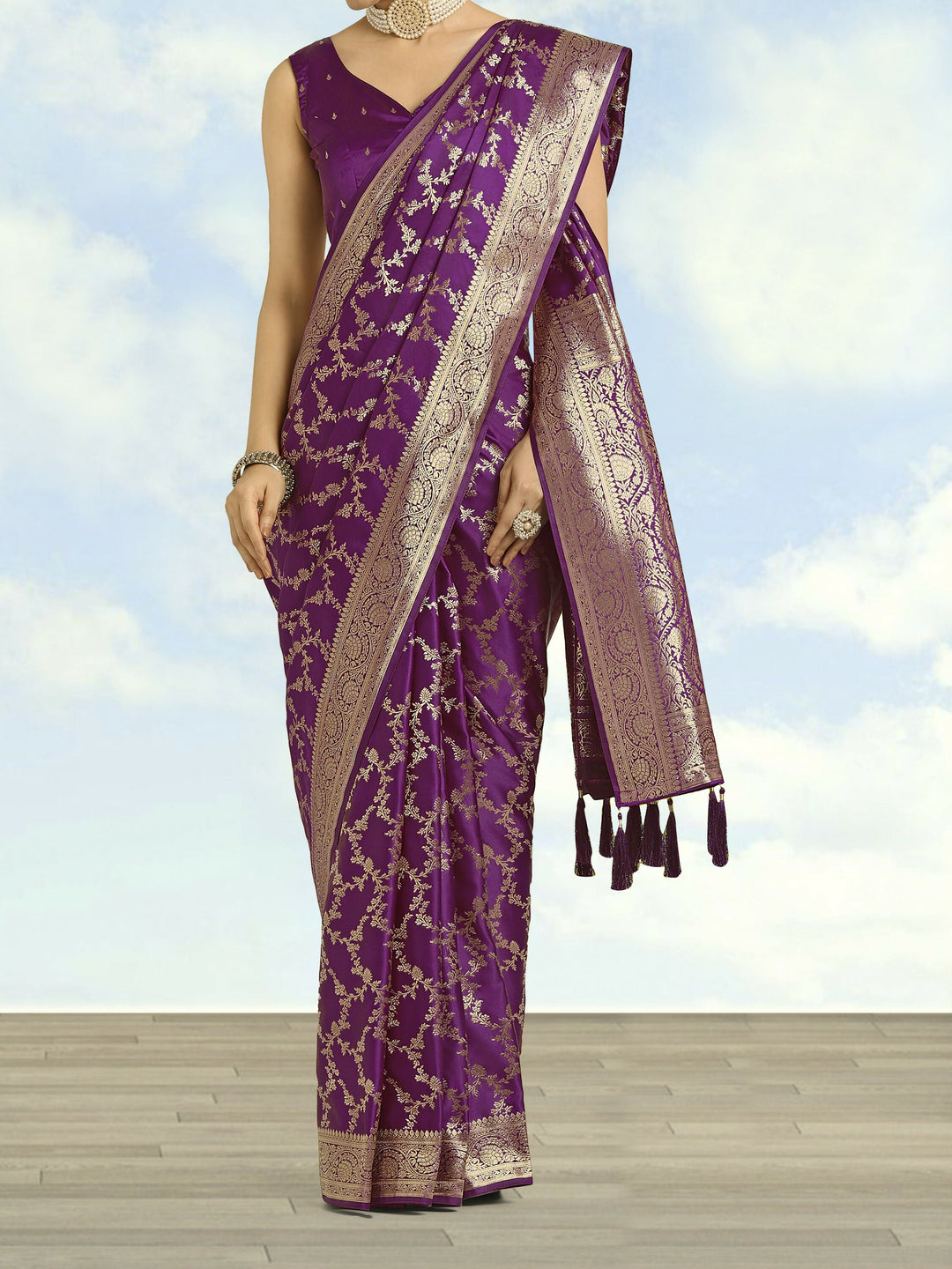 Purple Banarasi Satin Silk Golden Meenakari Work Saree | SHOBITAM