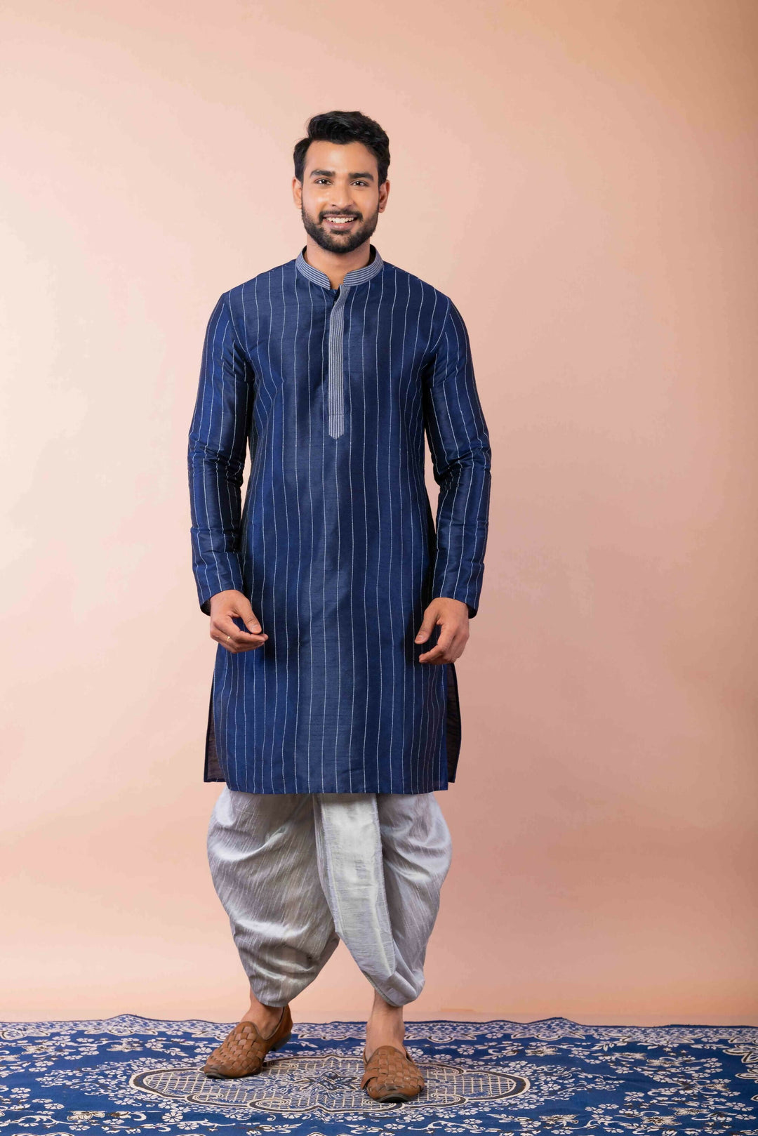 Prakatha Blue Silk Blend Kurta Dhoti Set For Men With Embroidered Work | SHOBITAM