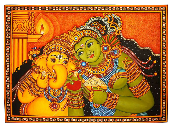 GANESHA WITH PARVATHI KERALA MURAL PAINTING 34*46 | SHOBITAM