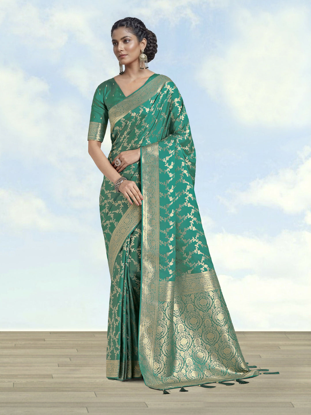 Turquoise Banarasi Satin Silk Golden Meenakari Work Saree |SHOBITAM