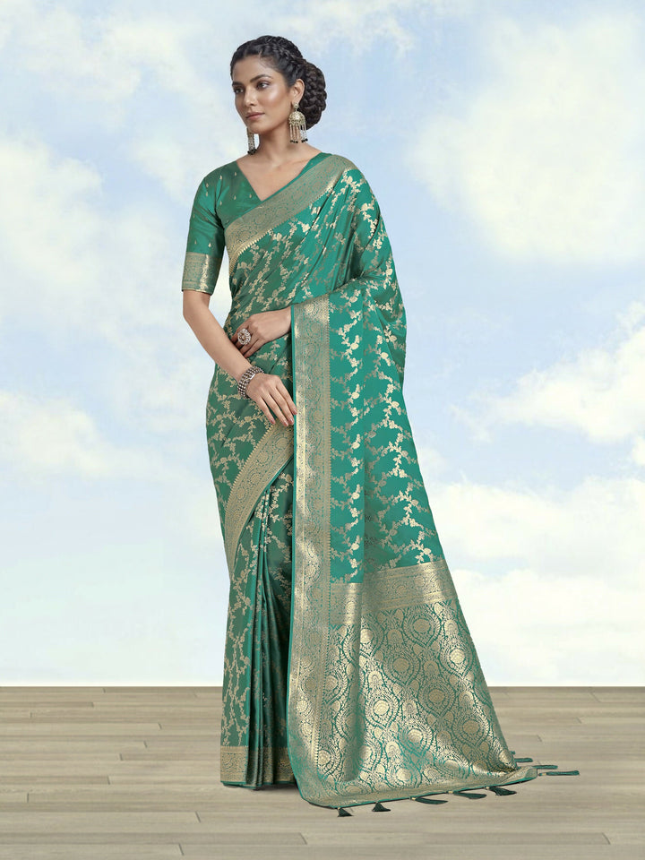 Turquoise Banarasi Satin Silk Golden Meenakari Work Saree |SHOBITAM