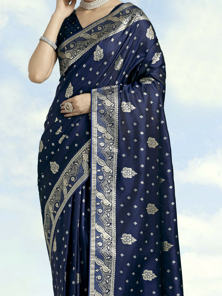 Blue Woven Banarasi Satin Silk Saree | SHOBITAM