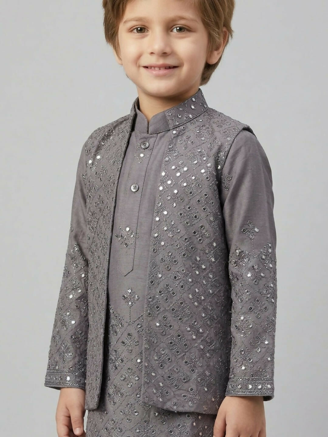 Boys Embroidered Grey Kurta Pajama Set with Ethnic Jacket | SHOBITAM