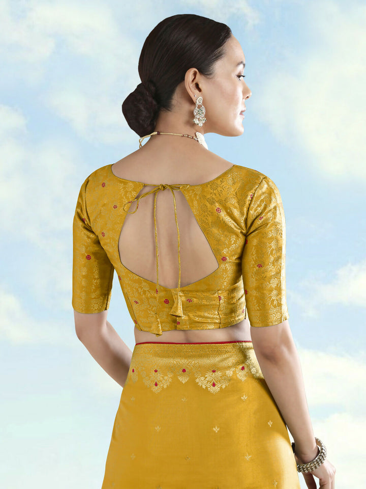 Mustard Color Paisley Zari Woven Semi Banarasi Tissue Silk Saree  | SHOBITAM