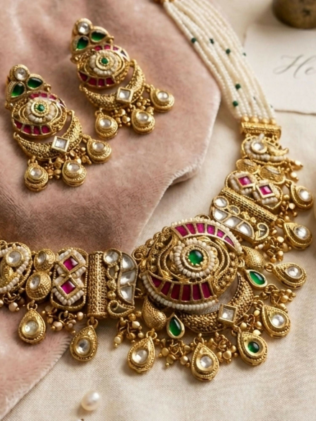 Royal Kundan Polki Choker Set with Emerald & Ruby Drops | SHOBITAM