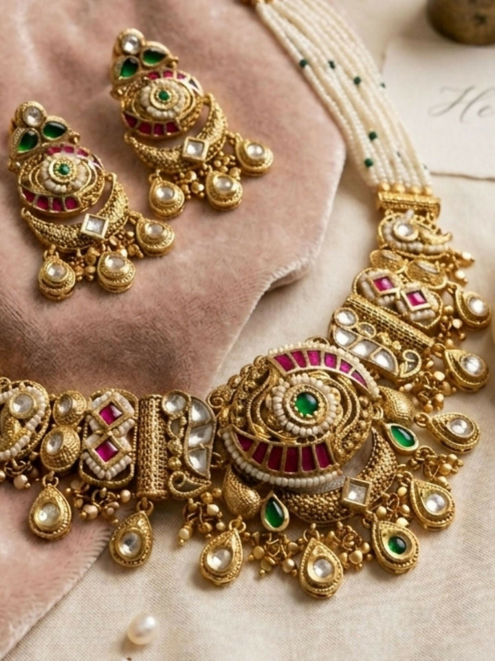 Royal Kundan Polki Choker Set with Emerald & Ruby Drops | SHOBITAM