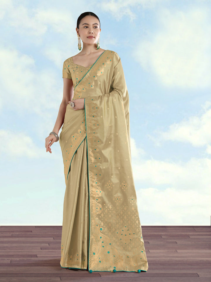 Cream Color Paisley Zari Woven Semi Banarasi Tissue Silk Saree  | SHOBITAM